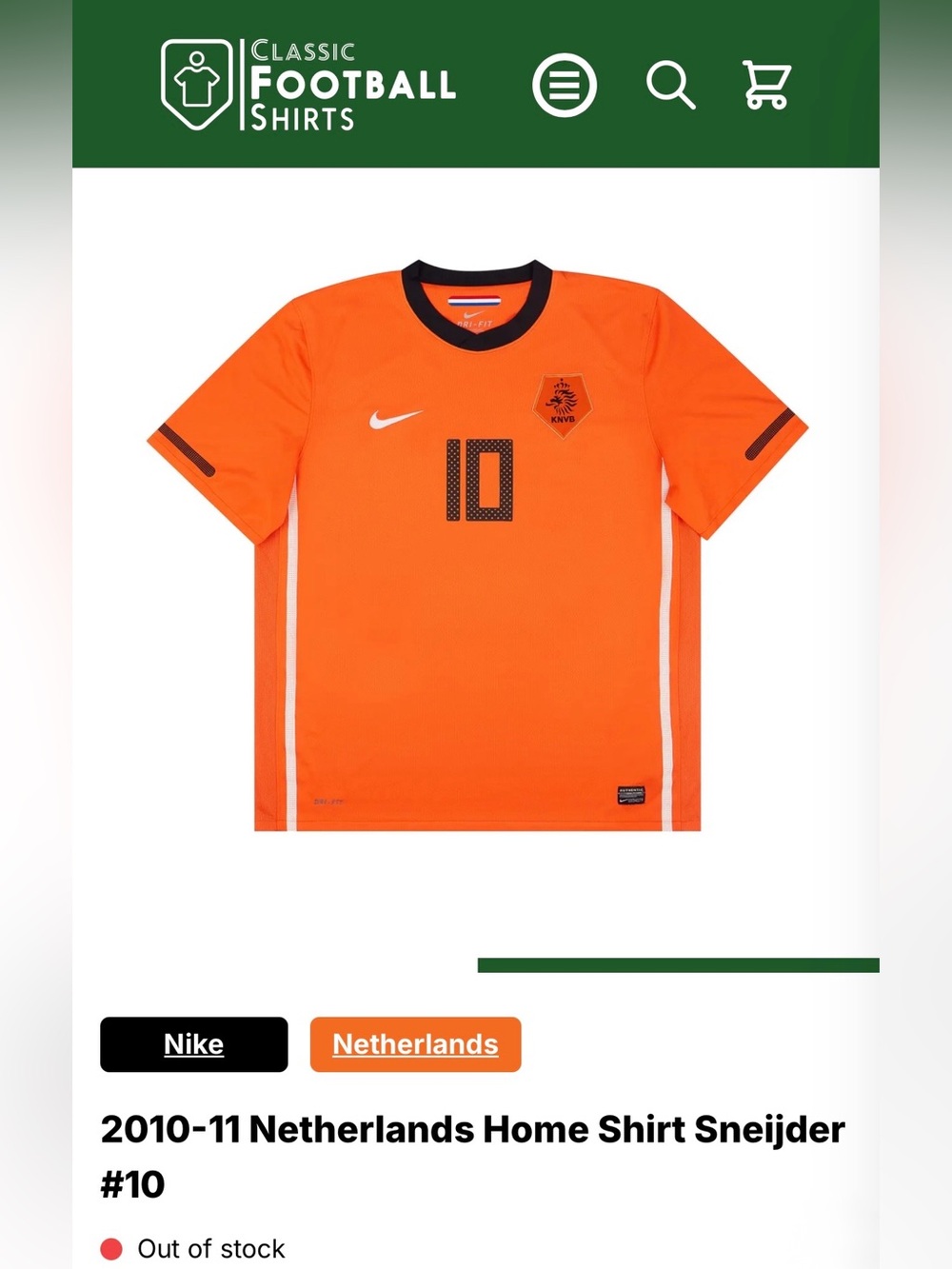 Vintage Nike Netherlands 2010 World Cup Home Shirt for Wesley Sneijder #10 L
